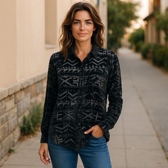 Denim & Supply Black Vintage Velvet Burnout Long Sleeve Button Top Large - Picture 9 of 9